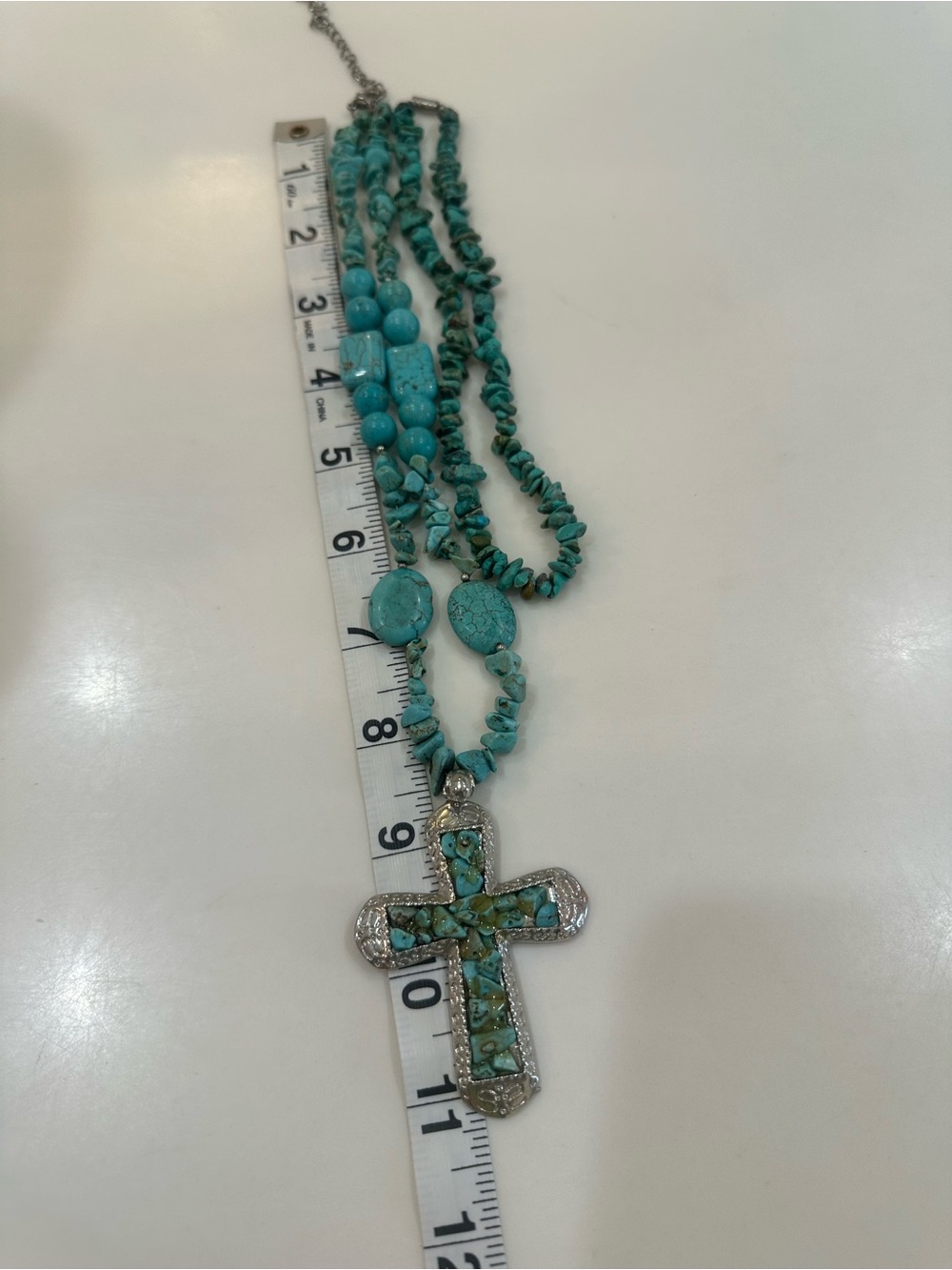 Southwestern Authentic Turquoise Style Chip Layered Necklace Set Cross Pendant - Picture 9 of 9